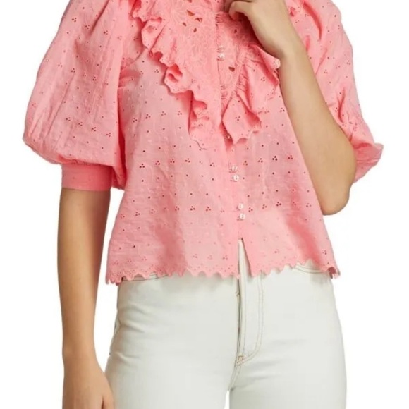 BYTIMO Broderie Ruffle Trim Eyelet Lace Anglaise Shirt In Pink Women's Size S - Picture 2 of 11